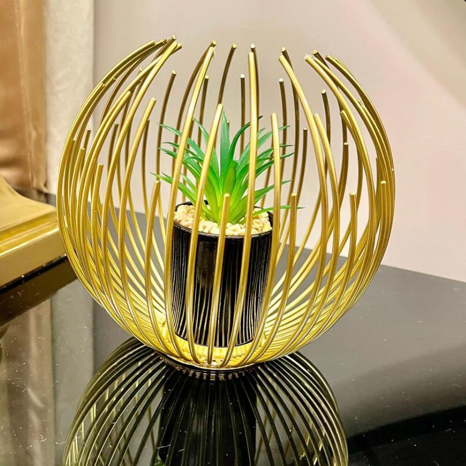 METALLIC GOLDEN GLOBE DECOR WITH PLANTER INSIDE